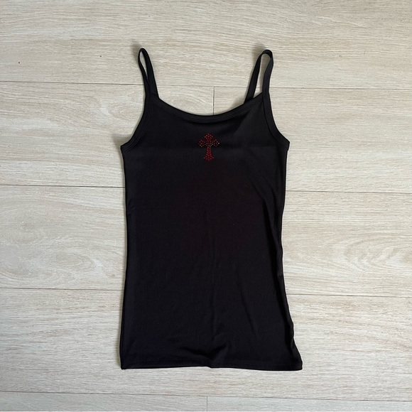 Red rhinestone gothic cross tank top in black. NWOT - Picture 5 of 6